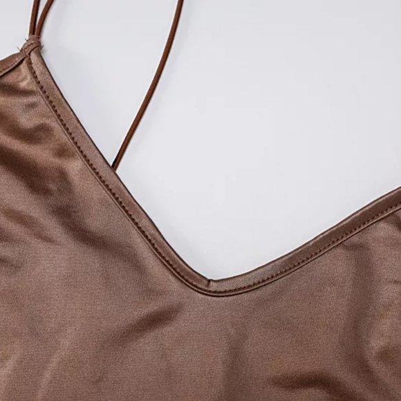 Brown faux Leather Spaghetti Strap Bodycon Midi Dress- 👗 #fashion #style #ootd - Picture 2 of 6